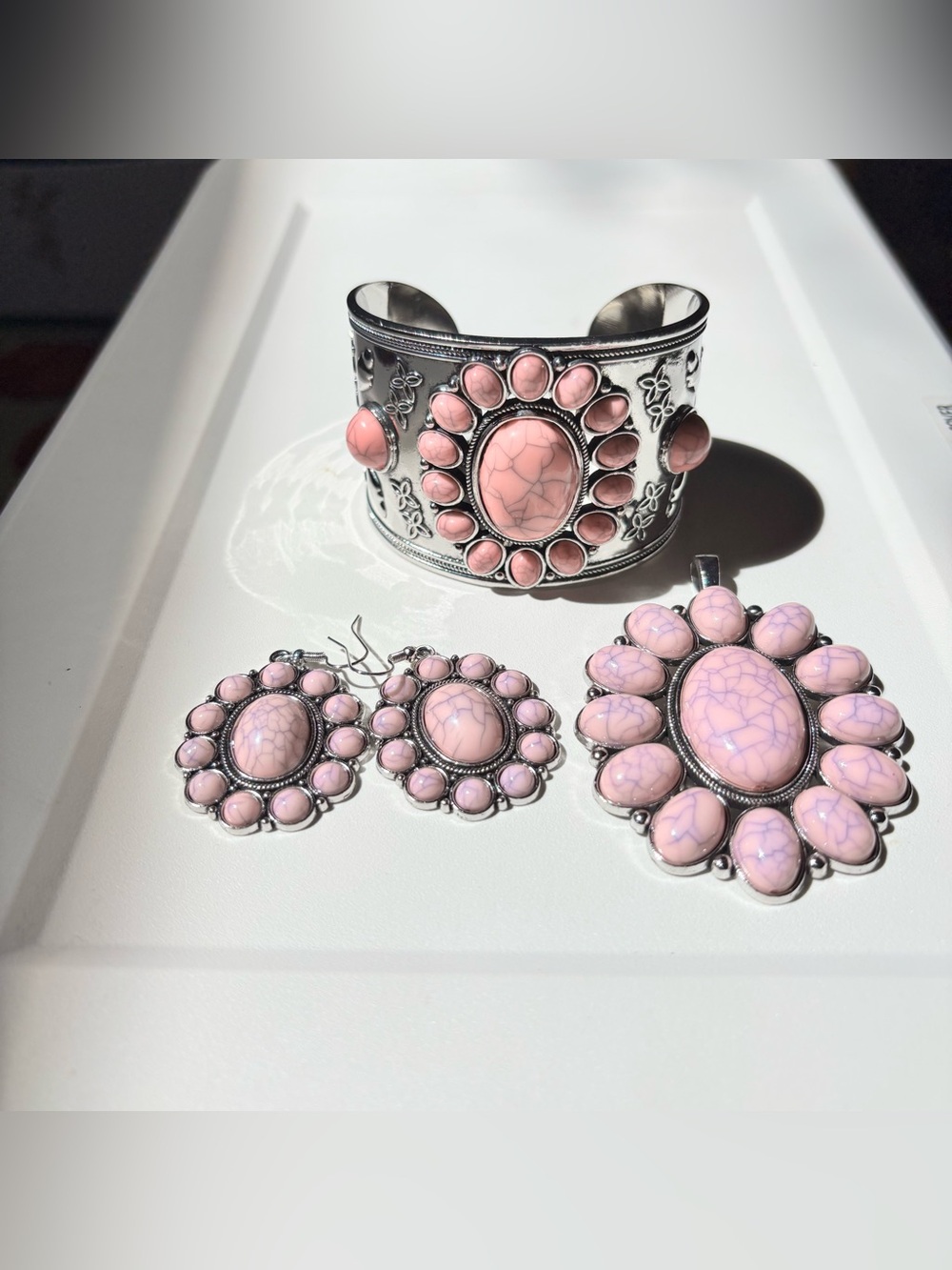 Pink Stone Floral Statement Jewelry Set - Bracelet, Pendant & Earrings Silvery